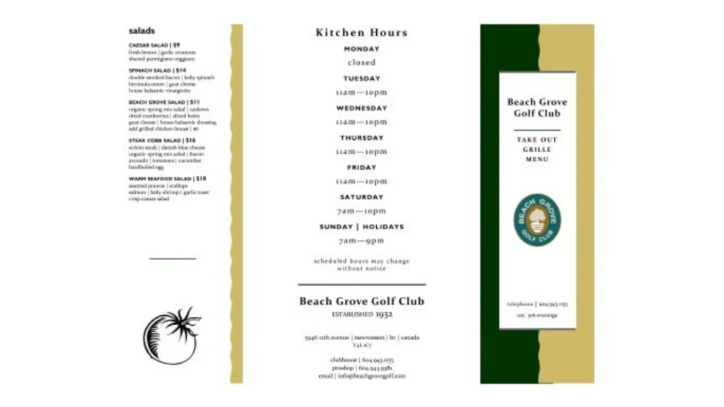 Full menu with prices Blessings Golf Club